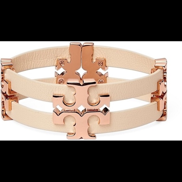 Tory Burch Authentic Serif T Stacked Leather Sand Rose Gold Wrap Bracelet - Picture 12 of 12